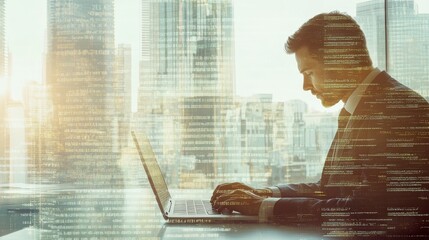 Poster - Businessman coding on a laptop with transparent code over a cityscape background. Symbolizes coding in business.