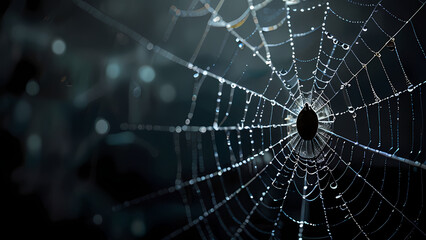 abstract background of an intricate spider web with delicate, shimmering silver threads against a dark, misty backdrop