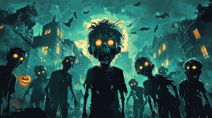 A horde of zombies with glowing yellow eyes advances amid flying bats and pumpkins, in front of old, eerie haunted mansion buildings under a gloomy sky.