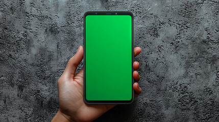 Wall Mural - Hand holding a smartphone with a green screen.