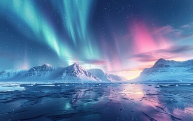 aurora borealis over snowy mountains