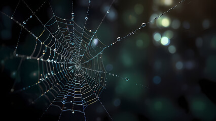 abstract background of an intricate spider web with delicate, shimmering silver threads against a dark, misty backdrop