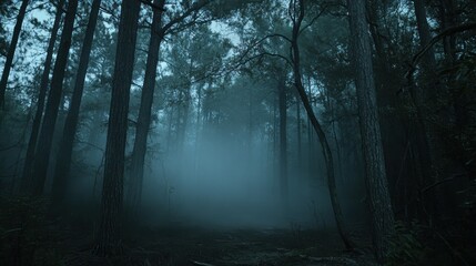 Canvas Print - A cinematic shot of a haunted forest, with fog rising from the ground and eerie shadows moving in the trees