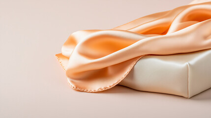 Elegant silk scarf draped gracefully over soft surface, showcasing its delicate texture and warm peach color.