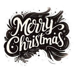 Poster - Merry Christmas is written in a fancy font on a white background. The font is black and white, and the letters are large and bold. The image has a festive and joyful mood