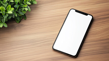 Wall Mural - A smartphone with a blank screen lays on a wooden table.