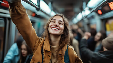 Canvas Print - Below view of a happy woman looking up at the electronic display inside a subway car, excited about his journey. Ai generated