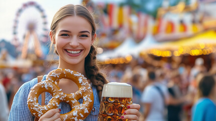 Smiling woman in a dirndl holding a large pretzel, enjoying a festive atmosphere at a vibrant outdoor fair with colorful lights and joyful crowds.