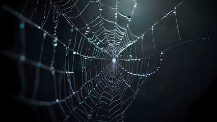 abstract background of an intricate spider web with delicate, shimmering silver threads against a dark, misty backdrop