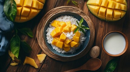 Delicious mango sticky rice with coconut milk and fresh mango slices served on a wooden table.