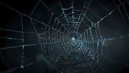  abstract background of an intricate spider web with delicate, shimmering silver threads against a dark, misty backdrop