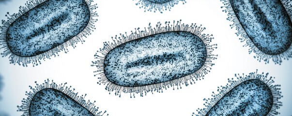 A close up of a mpox virus with many spikes. The virus is surrounded by a blue and white background