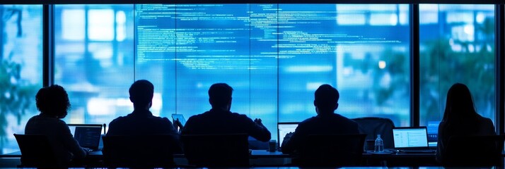 Aufkleber - Team of developers working on coding projects in front of a large screen displaying code. Collaborative coding environment showcasing teamwork.