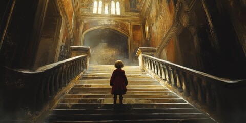 Canvas Print - A Lone Figure Ascending an Ornate Staircase in a Dimly Lit Building