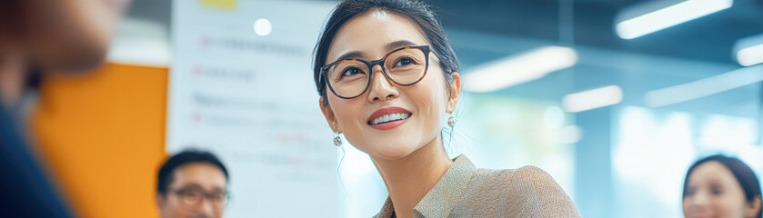 Poster - A woman wearing glasses is smiling at a group of people