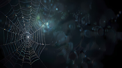  abstract background of an intricate spider web with delicate, shimmering silver threads against a dark, misty backdrop