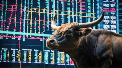 Poster - A digital bull representing a strong market trend with stock data in the background