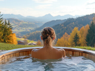 Wall Mural - A woman is sitting in a hot tub with a view of mountains in the background