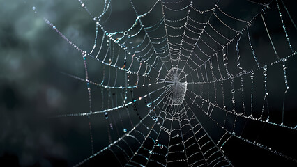  abstract background of an intricate spider web with delicate, shimmering silver threads against a dark, misty backdrop