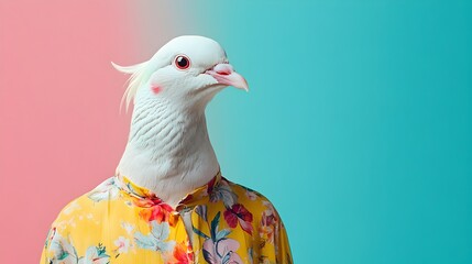 Surreal Dove in Boho-Chic Outfit with Colorful Paint Background and Studio Lighting