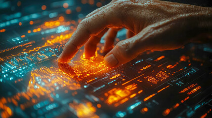 Poster - A hand interacting with a glowing holographic financial interface displaying intricate data points