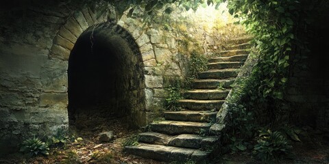 Sticker - Stone Steps Leading to a Dark Archway in a Lush Forest