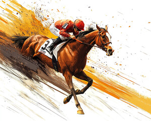 A jockey rides a brown thoroughbred racehorse with a determined expression.