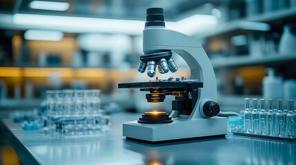 Poster - A modern digital trinocular microscope stands on a laboratory table, surrounded by glassware, ready for scientific research