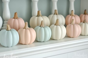 Wall Mural - A collection of pastel-colored pumpkins is artistically displayed on a white shelf, embodying a charming blend of Halloween decor and minimalist style in a serene setting.