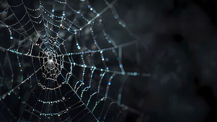  abstract background of an intricate spider web with delicate, shimmering silver threads against a dark, misty backdrop