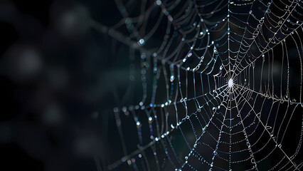  abstract background of an intricate spider web with delicate, shimmering silver threads against a dark, misty backdrop