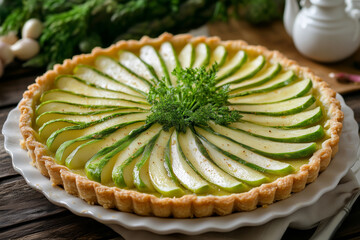 Delicate French tart featuring beautifully arranged green asparagus atop a crisp pastry crust, perfect for a springtime gathering