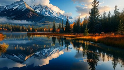 Wall Mural - Stunning autumn landscape of mountains reflecting in a calm lake at sunset