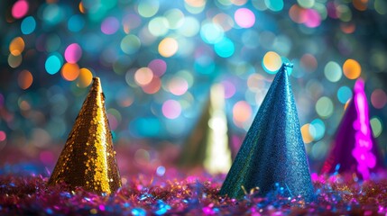 A variety of glittery party hats are scattered on a sparkling surface, set against a vibrant bokeh background. The bright colors and festive glitter create a lively atmosphere, ideal for party-related