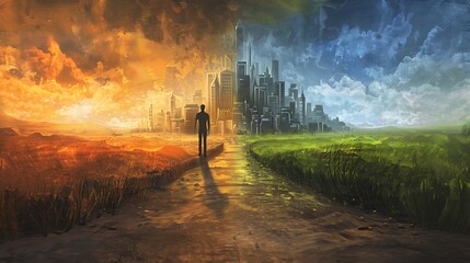 A lone figure standing at a crossroads, with one path leading to a golden city and the other to a simple, green meadow, symbolizing the choice between material wealth and inner peace