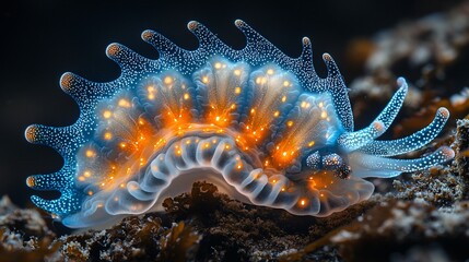 A stunning bioluminescent creature in extreme conditions, with vivid glowing patterns