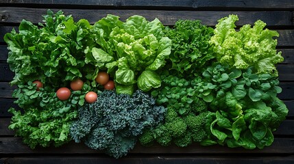 Wall Mural - Fresh green leafy vegetables arranged on dark wooden background.