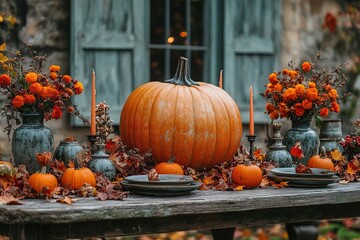 Wall Mural - Autumn nature concept. Fall pumpkins and apples on wooden rustic table. Thanksgiving dinner