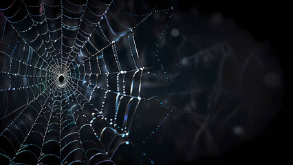  abstract background of an intricate spider web with delicate, shimmering silver threads against a dark, misty backdrop