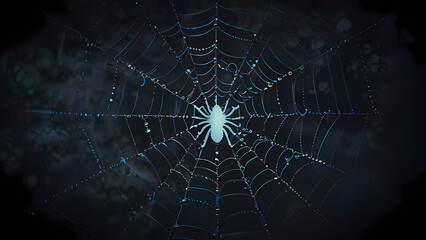  abstract background of an intricate spider web with delicate, shimmering silver threads against a dark, misty backdrop