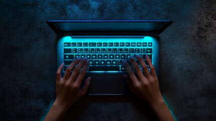 Fototapete - Top view of hands typing on a glowing blue keyboard in a dark environment. Nighttime coding concept.