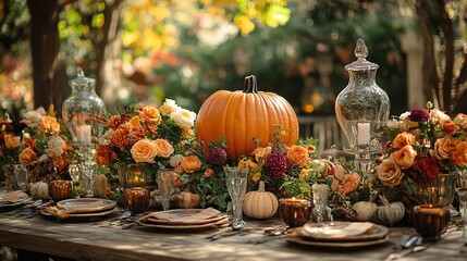 Wall Mural - Autumn nature concept. Fall pumpkins and apples on wooden rustic table. Thanksgiving dinner