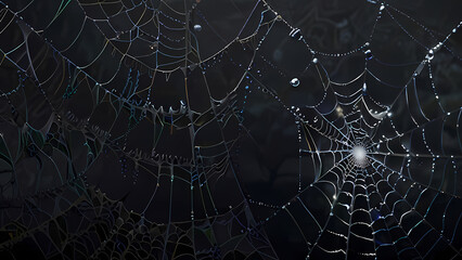  abstract background of an intricate spider web with delicate, shimmering silver threads against a dark, misty backdrop