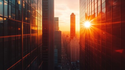 Poster - Close-up of the sun setting between skyscrapers, with the building edges creating a natural frame for the warm, colorful sunset and the city skyline.