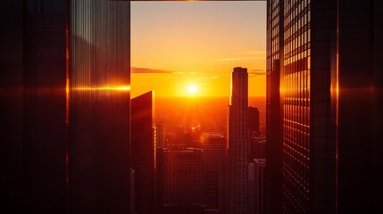 Poster - Close-up of the sun setting between skyscrapers, with the building edges creating a natural frame for the warm, colorful sunset and the city skyline.