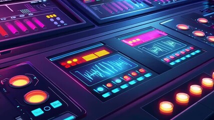 Poster - complex control panel with neon lights and buttons is displaying data on its multiple screens, sugge