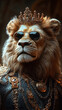 © Yuliko - Stylish rich regal buff  lion wearing a blinged suit with jewelry and chains with sunglasses with a crown