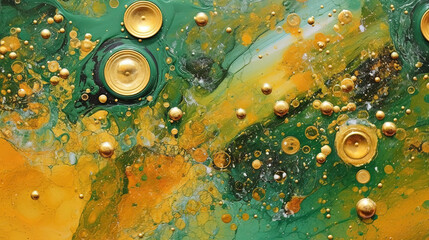 Sticker - Abstract artistic background with green marble and golden paint stains.