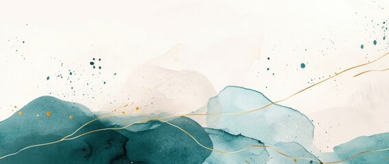 Wall Mural - Abstract art, soft shapes in beige and teal with gold lines, watercolor splashes, organic forms, hand-drawn elements, simple background, elegant composition, watercolor patterns Generative AI