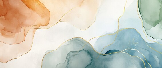 Wall Mural - Abstract watercolor background with pastel colors, golden lines, and organic shapes in beige, blue, green, and brown Generative AI